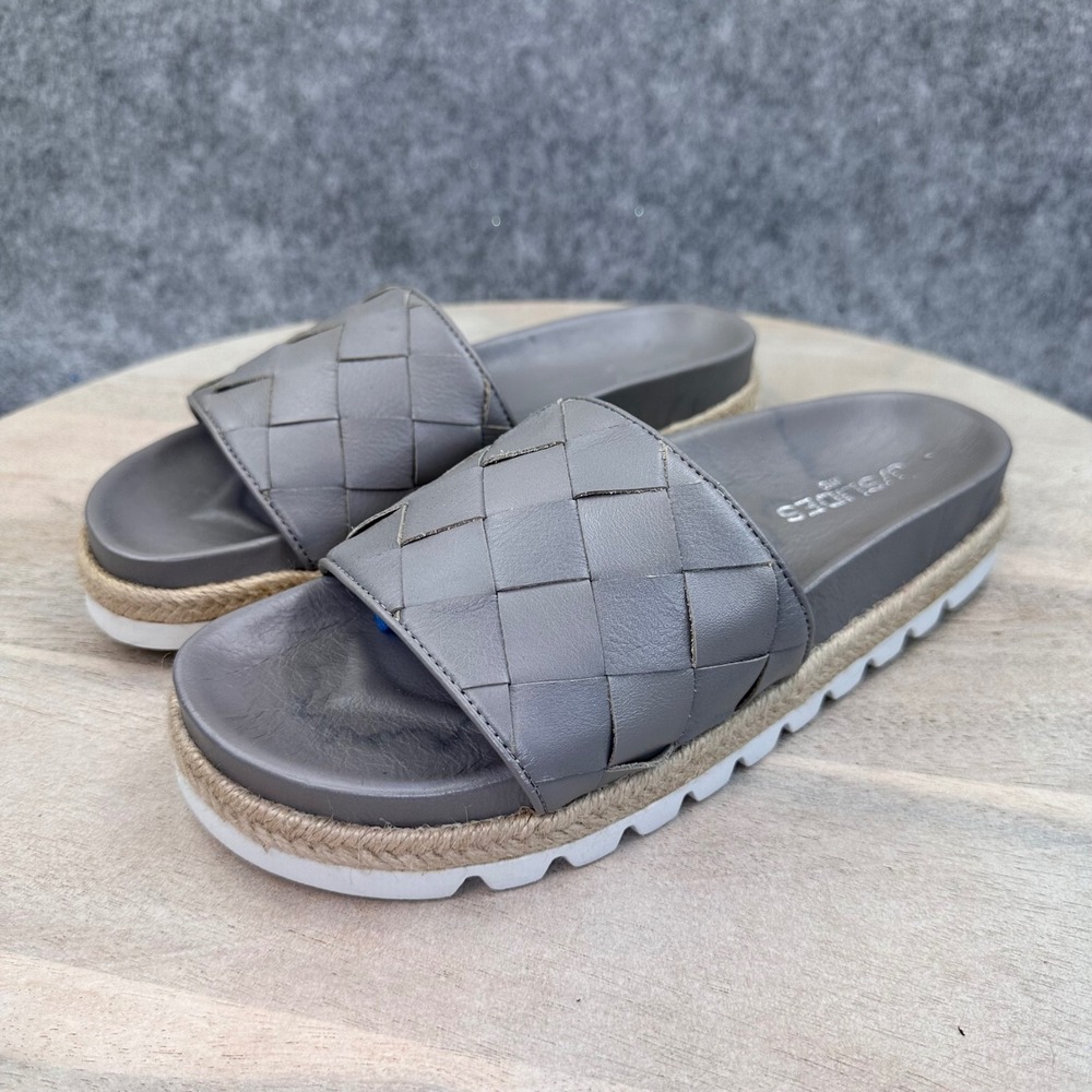 J/Slides NYC Rollie Grey Leather Woven Espadrille Platform Slides Womens 7.5 - Picture 13 of 14
